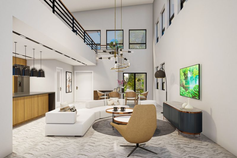 Elegant modern living room featuring sleek furniture and minimalist decor in a bright setting.